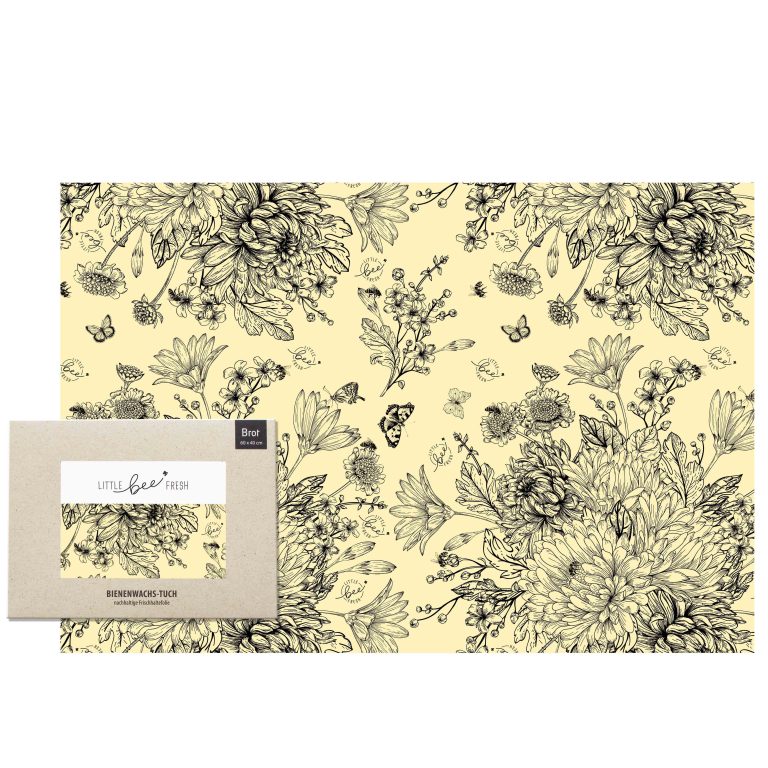 LITTLE BEE FRESH - Bio-Bienenwachstuch Brottuch XXL (60×40 cm) – Blumenwiese schwarz-weiss